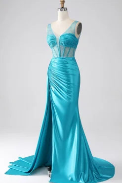 Turquesa Sereia V-Neck Varredura Trem Espartilho Plissado Frisado Vestido de Baile