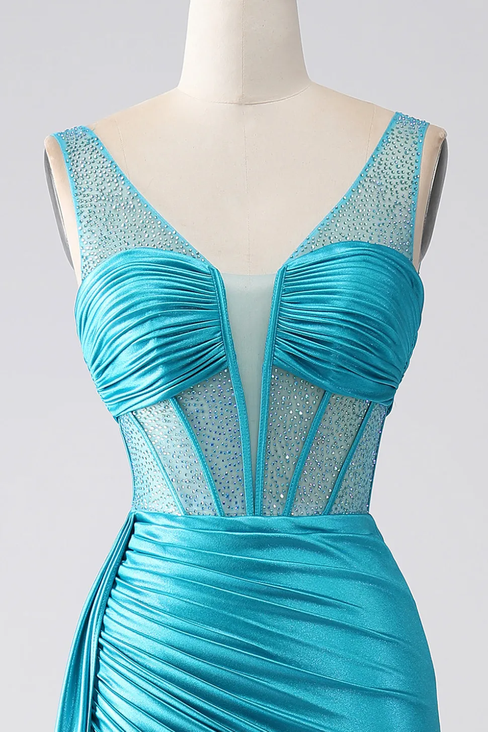 Turquesa Sereia V-Neck Varredura Trem Espartilho Plissado Frisado Vestido de Baile