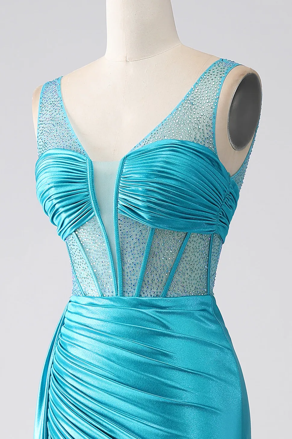 Turquesa Sereia V-Neck Varredura Trem Espartilho Plissado Frisado Vestido de Baile