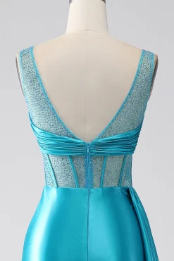 Turquesa Sereia V-Neck Varredura Trem Espartilho Plissado Frisado Vestido de Baile