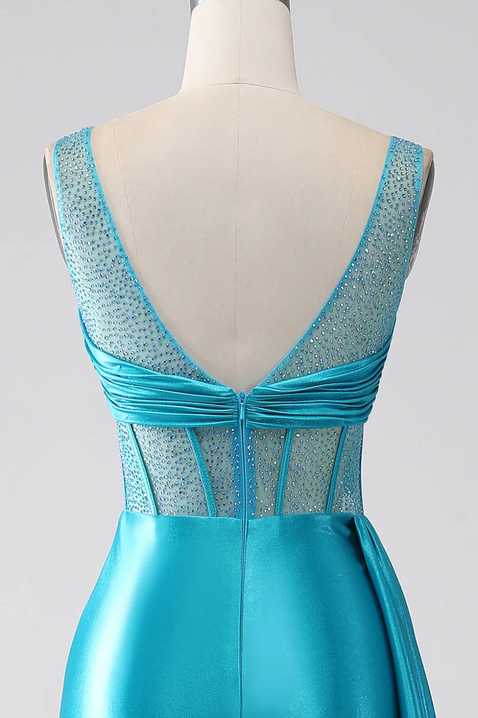 Turquesa Sereia V-Neck Varredura Trem Espartilho Plissado Frisado Vestido de Baile