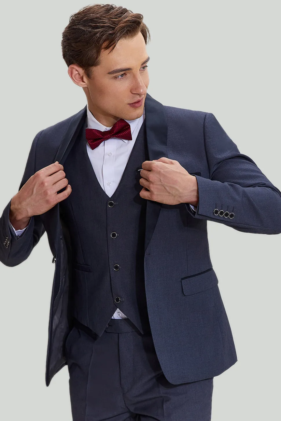 Tuxedo de botão de 3 peças masculinas cinza