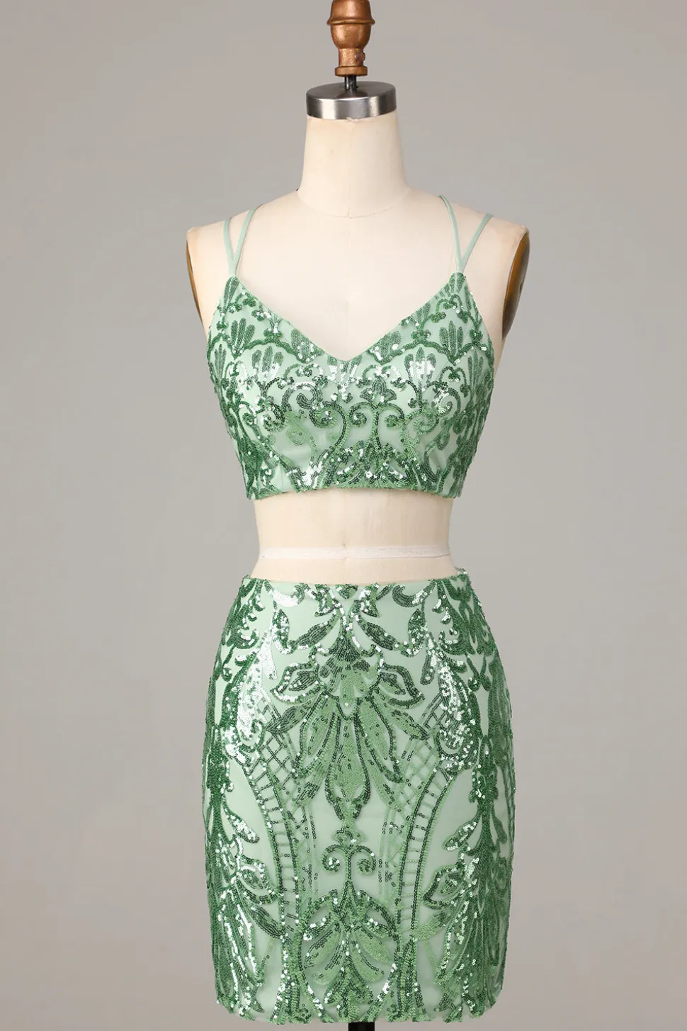 Ultimate Glow Duas Peças Esparguete Correias Verde Sequins Short Homecoming Dress