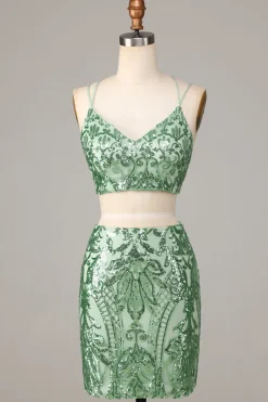 Ultimate Glow Duas Peças Esparguete Correias Verde Sequins Short Homecoming Dress