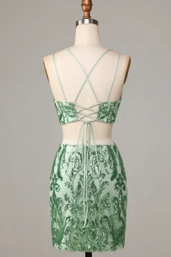 Ultimate Glow Duas Peças Esparguete Correias Verde Sequins Short Homecoming Dress