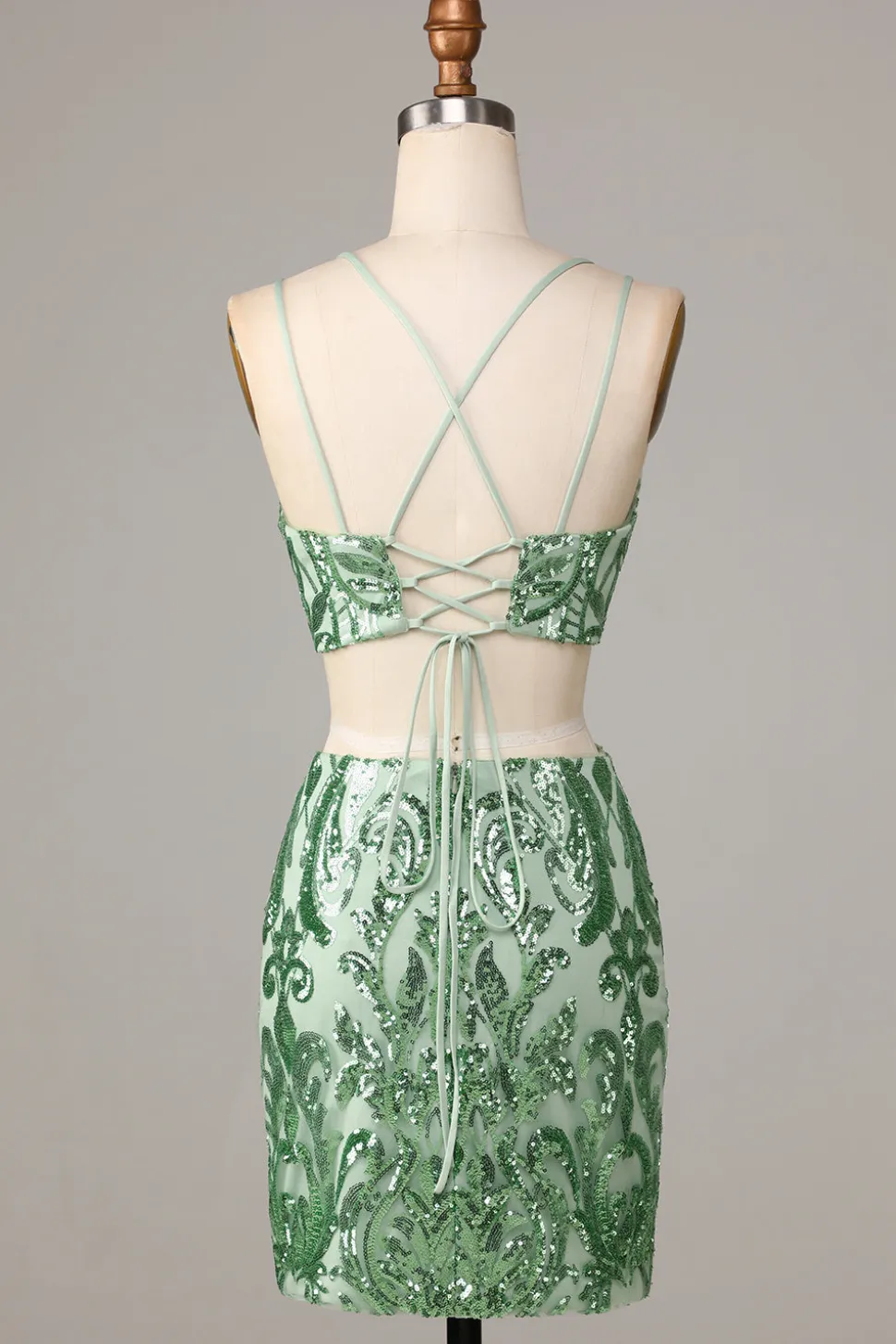 Ultimate Glow Duas Peças Esparguete Correias Verde Sequins Short Homecoming Dress