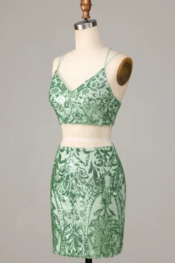 Ultimate Glow Duas Peças Esparguete Correias Verde Sequins Short Homecoming Dress