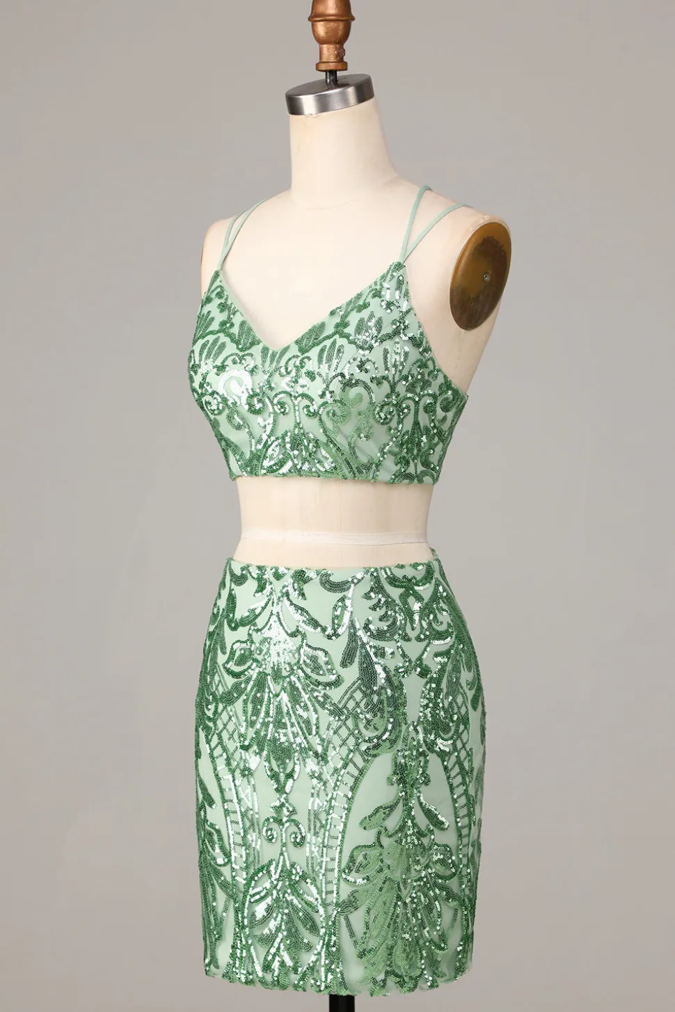 Ultimate Glow Duas Peças Esparguete Correias Verde Sequins Short Homecoming Dress