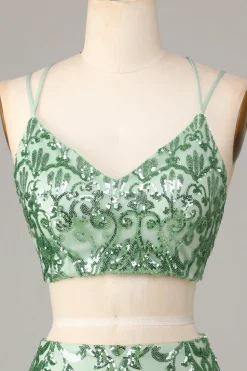 Ultimate Glow Duas Peças Esparguete Correias Verde Sequins Short Homecoming Dress