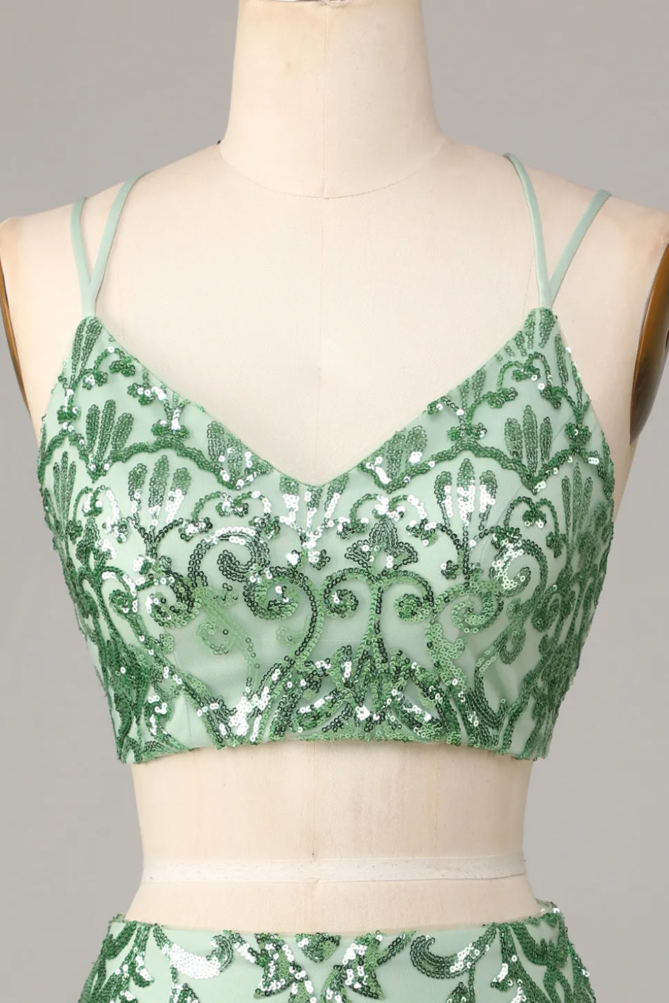 Ultimate Glow Duas Peças Esparguete Correias Verde Sequins Short Homecoming Dress
