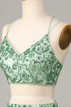 Ultimate Glow Duas Peças Esparguete Correias Verde Sequins Short Homecoming Dress
