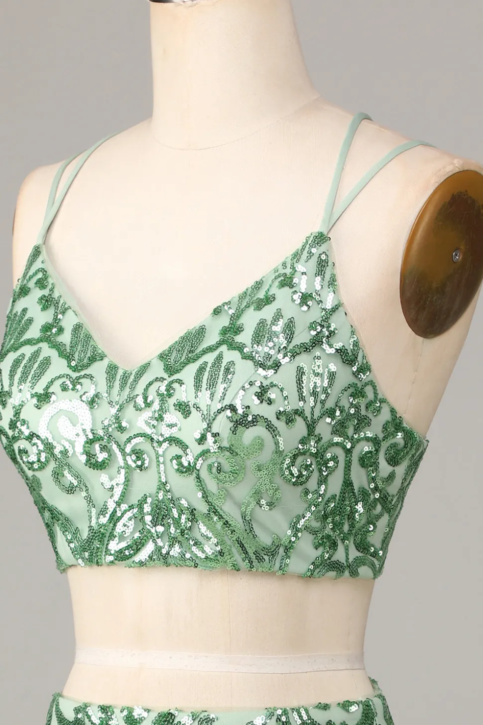 Ultimate Glow Duas Peças Esparguete Correias Verde Sequins Short Homecoming Dress