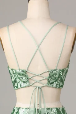 Ultimate Glow Duas Peças Esparguete Correias Verde Sequins Short Homecoming Dress