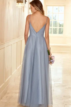 Um fio de espaguete tiras cinza azul longo vestido dama de honra