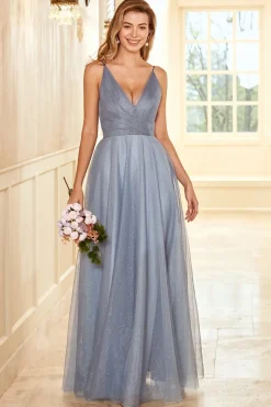 Um fio de espaguete tiras cinza azul longo vestido dama de honra
