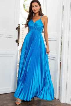 Um fio de espaguete tiras lago azul longo vestido de baile