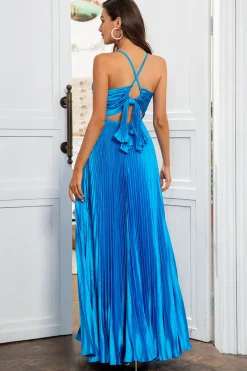 Um fio de espaguete tiras lago azul longo vestido de baile