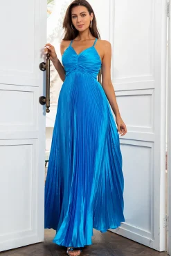 Um fio de espaguete tiras lago azul longo vestido de baile