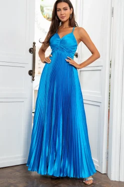 Um fio de espaguete tiras lago azul longo vestido de baile