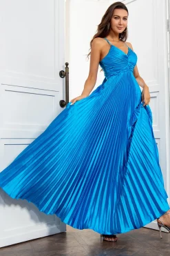 Um fio de espaguete tiras lago azul longo vestido de baile
