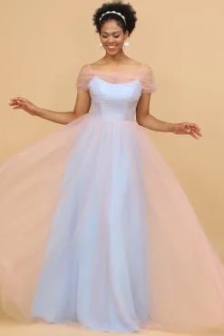 Um fio spaghetti alças rosa&azul tulle longo vestido de dama de honra