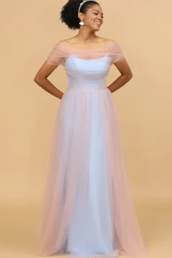 Um fio spaghetti alças rosa&azul tulle longo vestido de dama de honra