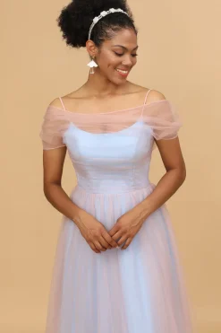 Um fio spaghetti alças rosa&azul tulle longo vestido de dama de honra