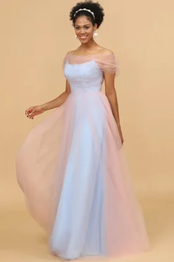 Um fio spaghetti alças rosa&azul tulle longo vestido de dama de honra