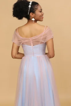 Um fio spaghetti alças rosa&azul tulle longo vestido de dama de honra