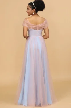 Um fio spaghetti alças rosa&azul tulle longo vestido de dama de honra