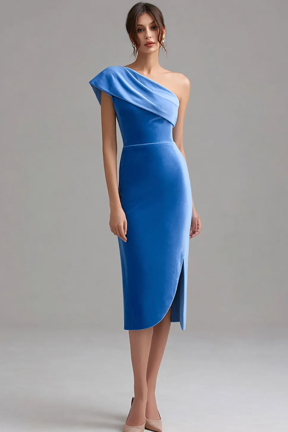 Um ombro azul Vlevet vestido formal com fenda