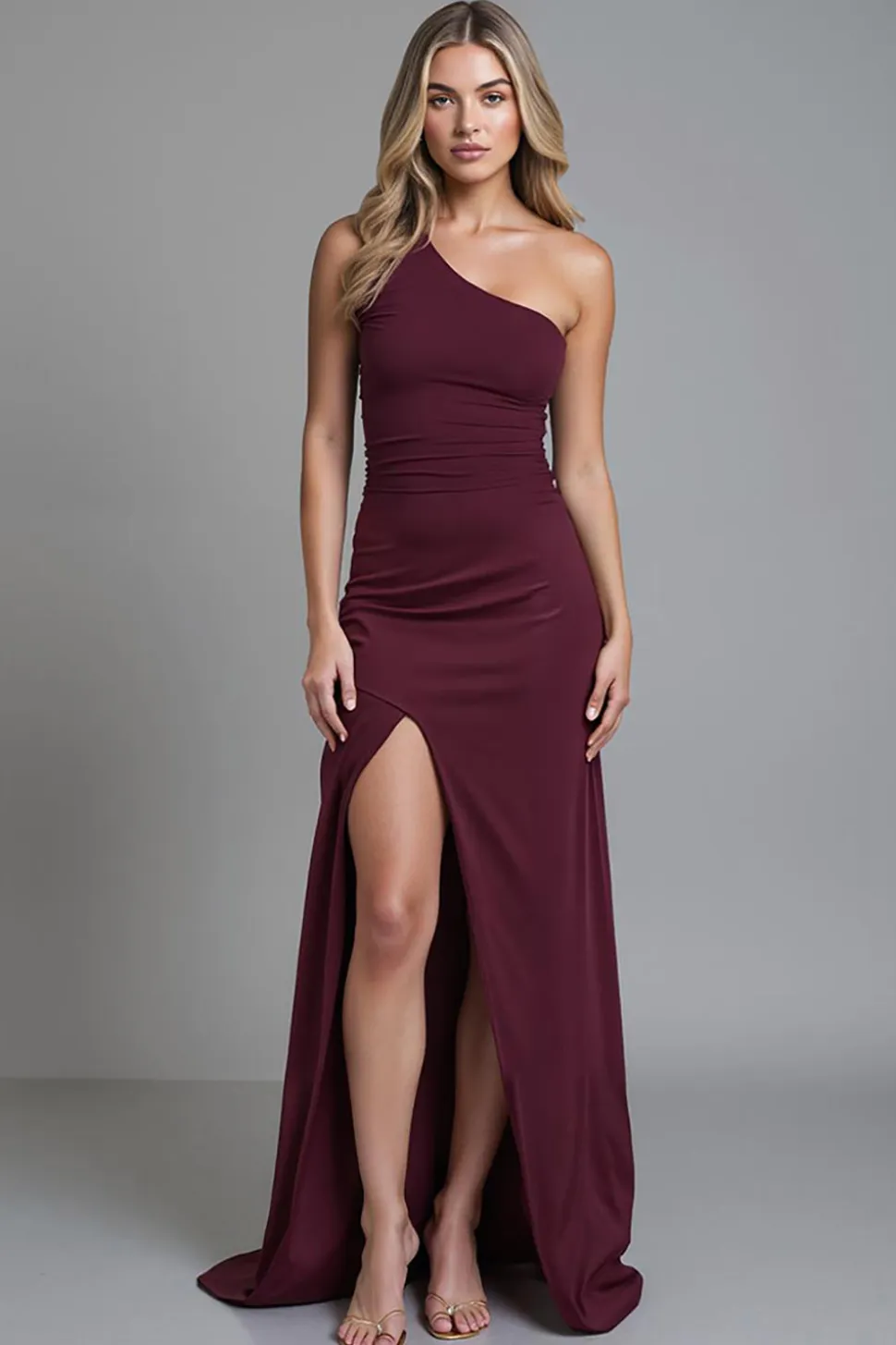 Um ombro bainha vestido de noite bordô com fenda