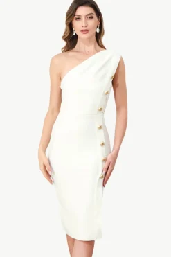 Um ombro branco bodycon vestido com botões