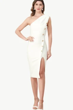 Um ombro branco bodycon vestido com botões
