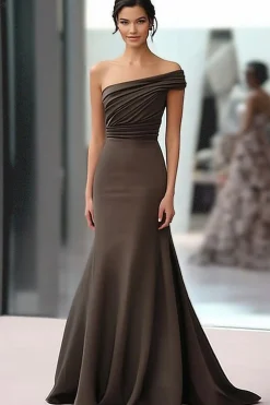 Um ombro café Crepe bainha Ruched Gala Dress