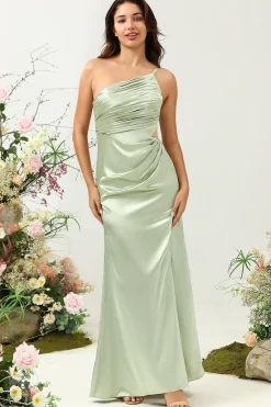 Um Ombro Cetim Vestido de Dama de Honor