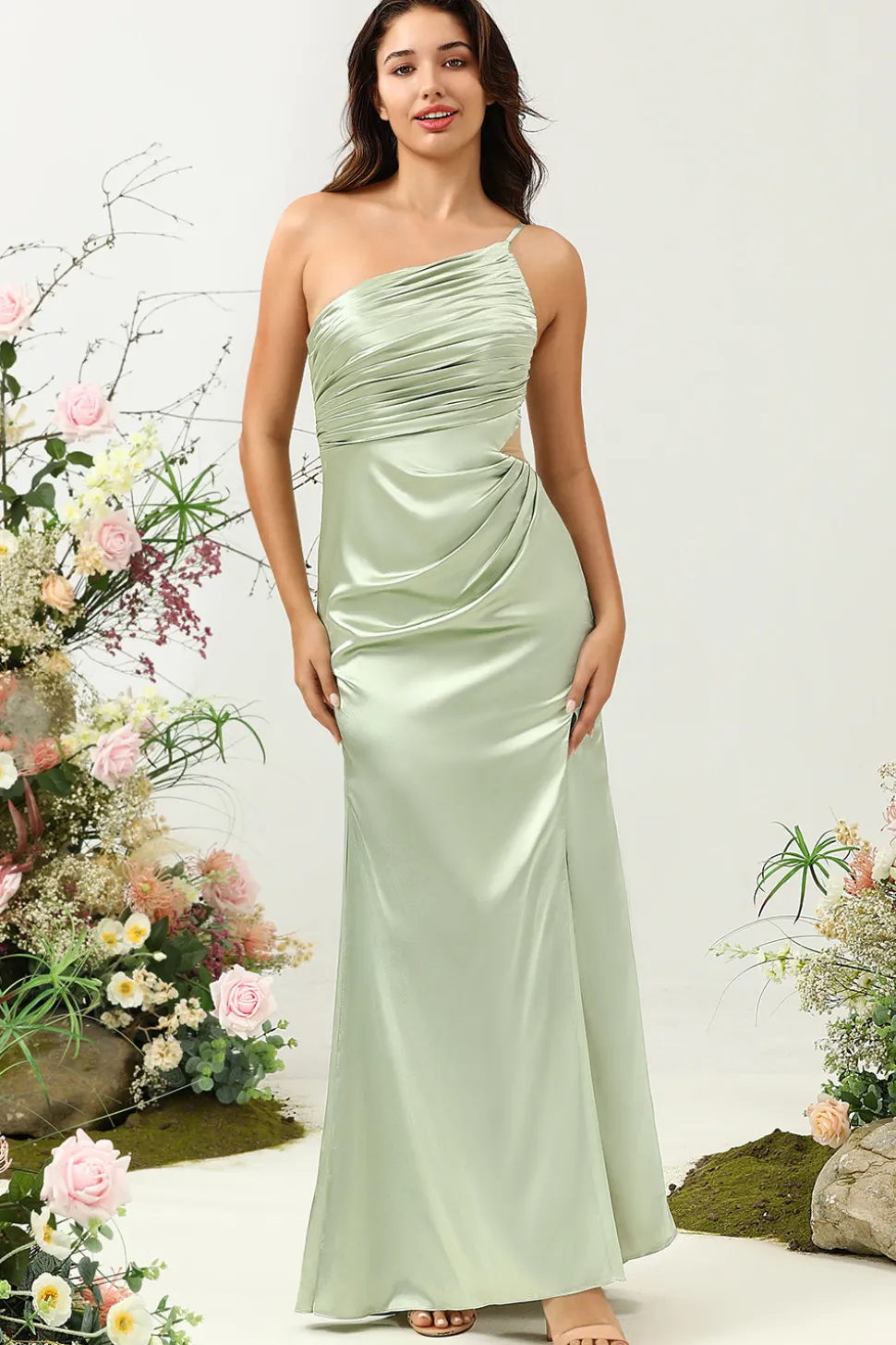 Um Ombro Cetim Vestido de Dama de Honor