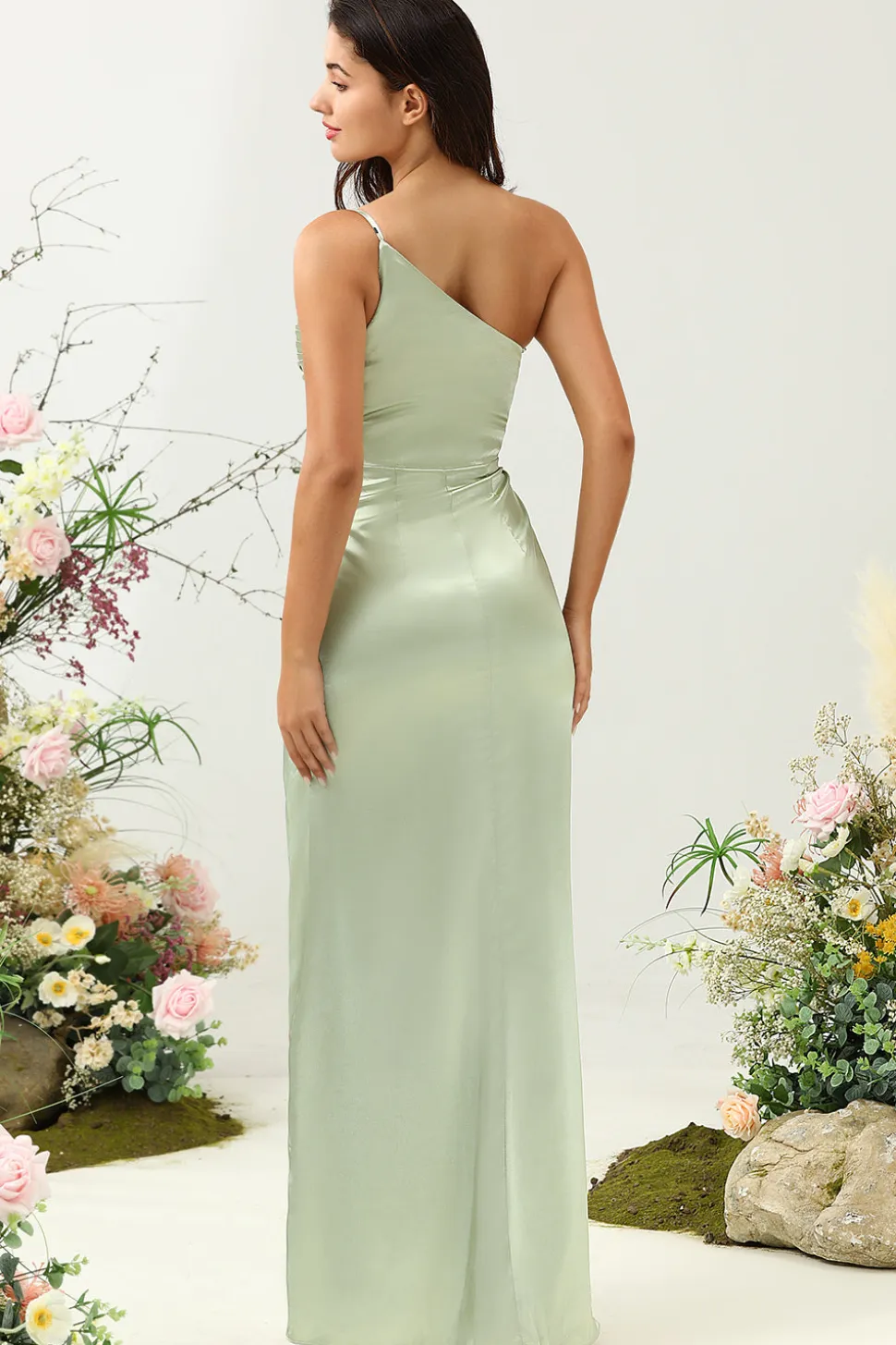 Um Ombro Cetim Vestido de Dama de Honor