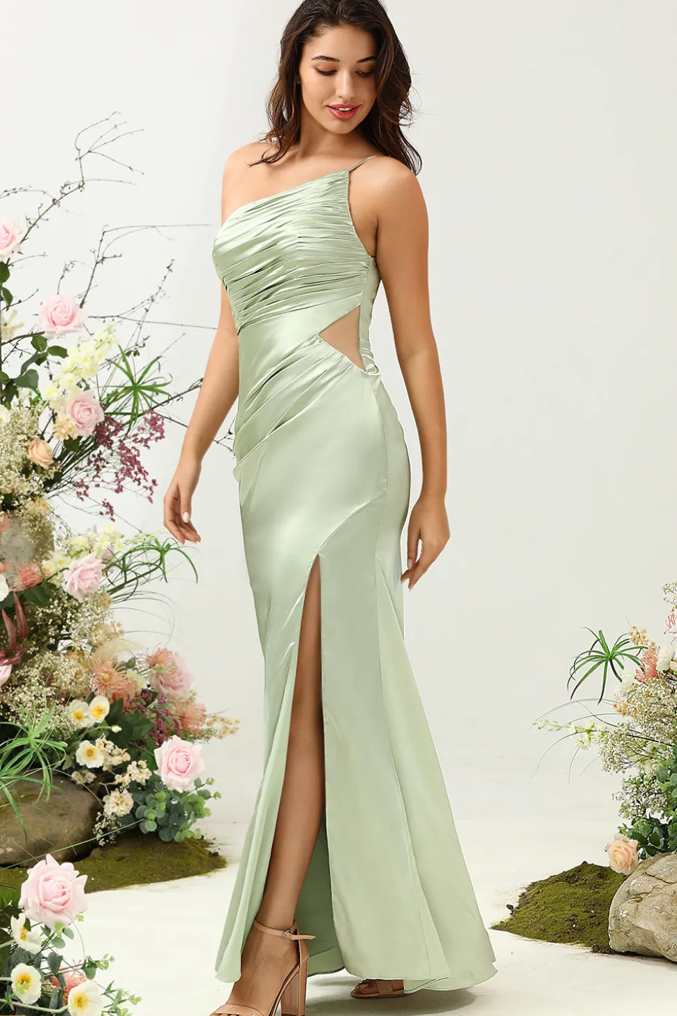 Um Ombro Cetim Vestido de Dama de Honor