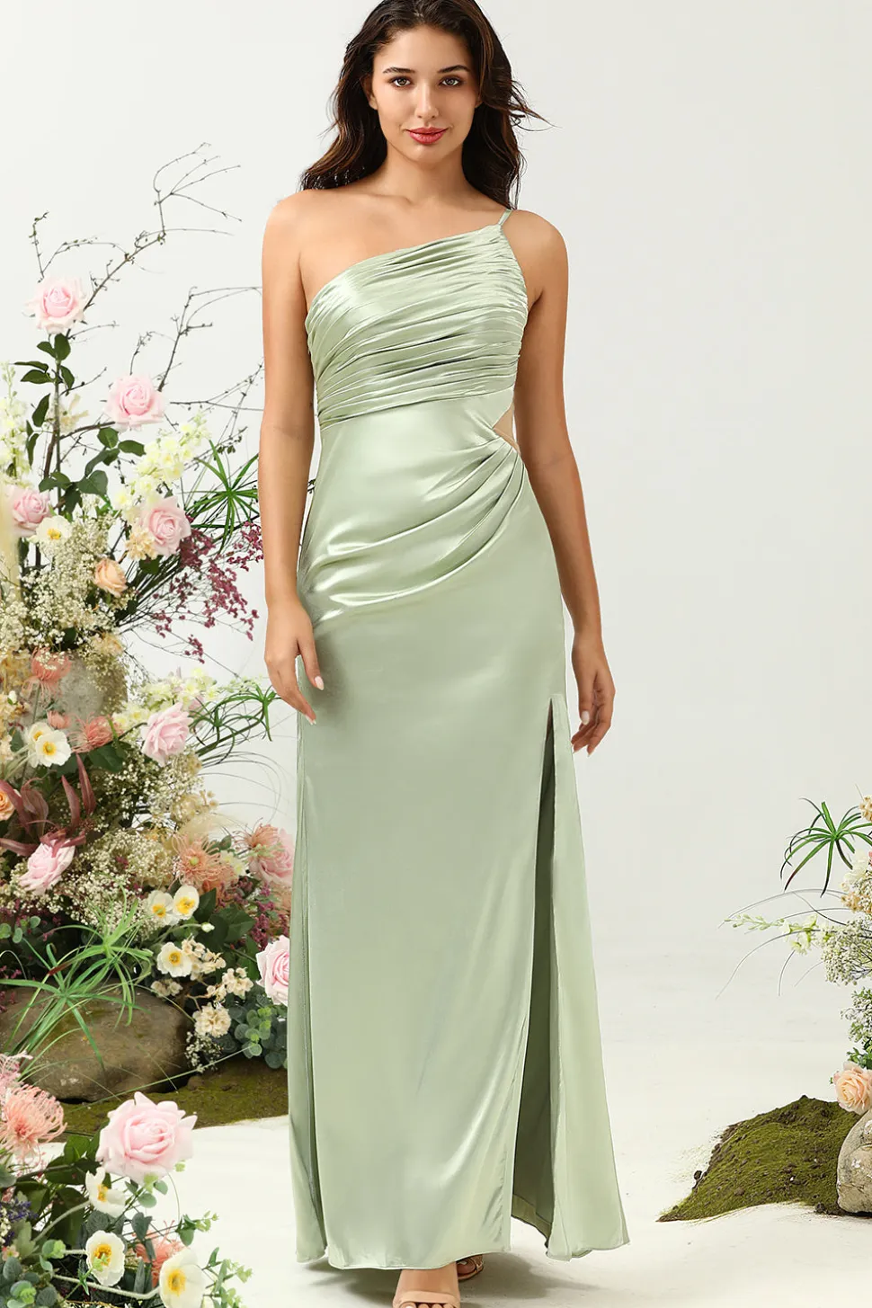Um Ombro Cetim Vestido de Dama de Honor