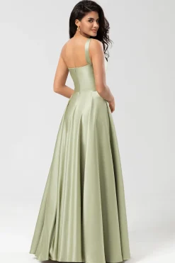 Um ombro cetim vestido verde dama de honra com bolsos