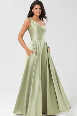 Um ombro cetim vestido verde dama de honra com bolsos
