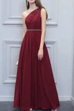 Um ombro do vestido longo de chiffon dama de honra com Beading