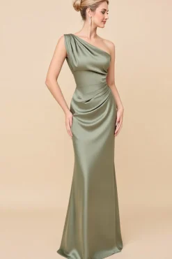 Um ombro Eucalipto Bainha Longo Vestidos de Damas de Honor