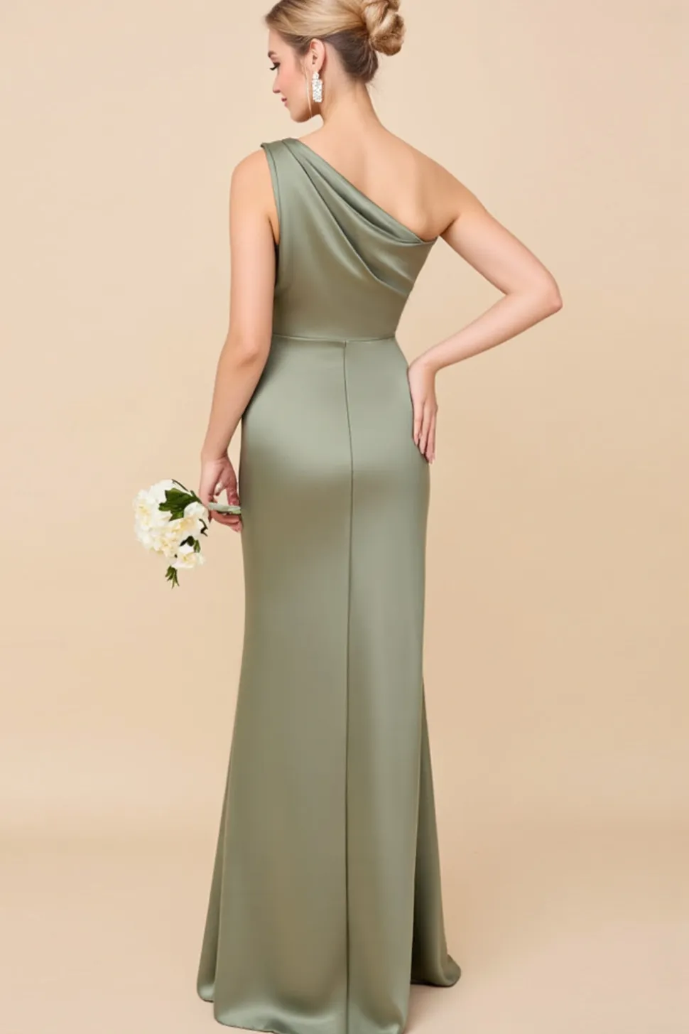 Um ombro Eucalipto Bainha Longo Vestidos de Damas de Honor