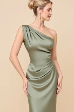 Um ombro Eucalipto Bainha Longo Vestidos de Damas de Honor