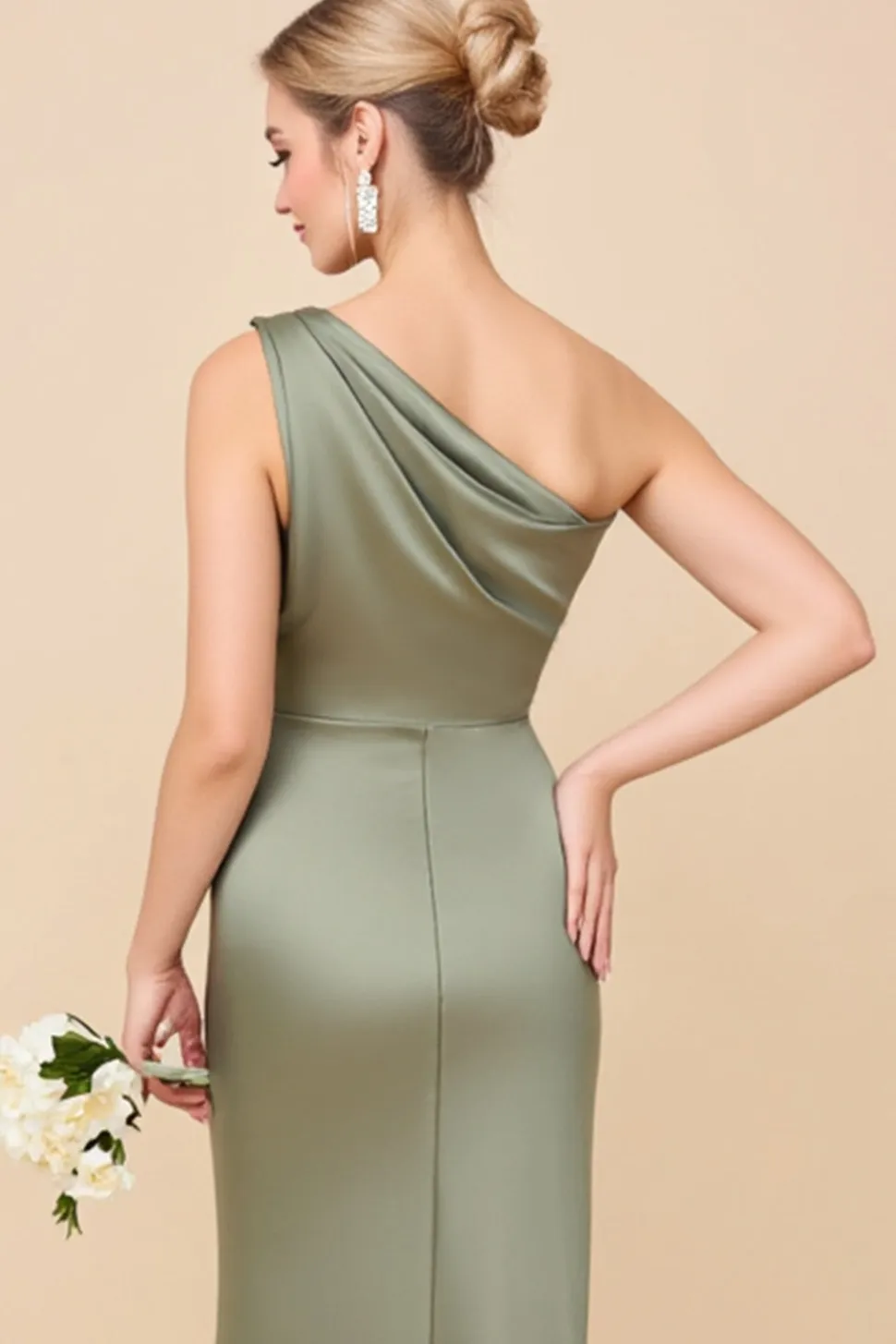 Um ombro Eucalipto Bainha Longo Vestidos de Damas de Honor