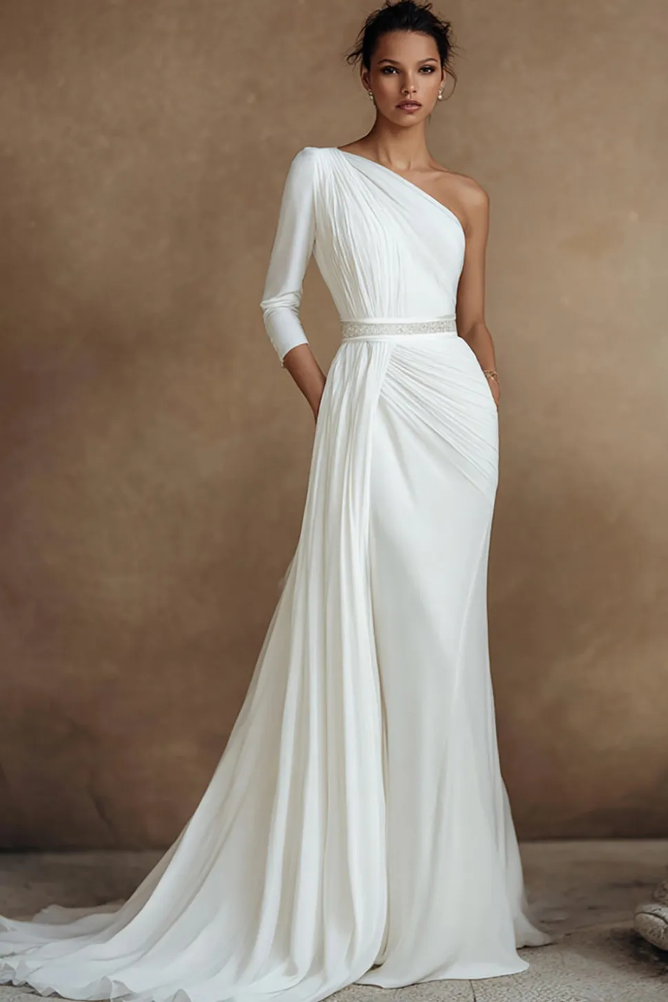 Um ombro marfim bainha vestido de noiva com sash