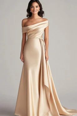 Um ombro plissado bainha de champanhe longo vestido formal