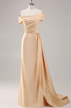 Um ombro plissado bainha de champanhe longo vestido formal